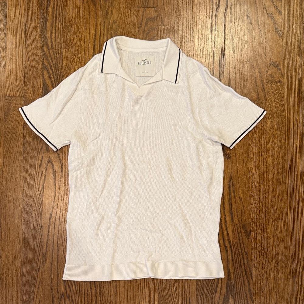 Hollister White Knit Polo with Black Trim